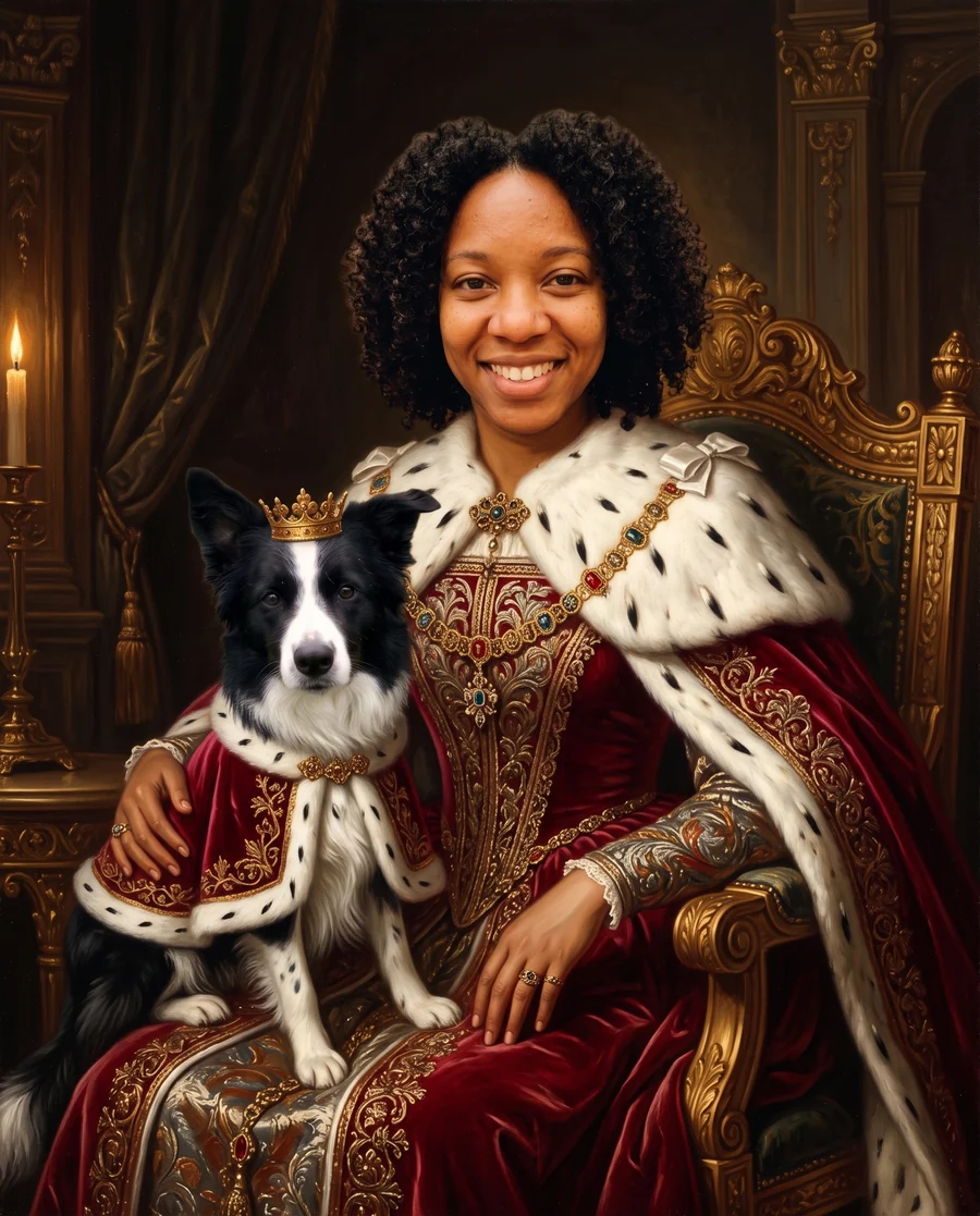 Royal portrait of a woman with her border collie, created with Galapaw from the two photos